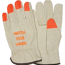 Driver Glove, Industry Pigskin with orange fingertips, "Watch Your Hands" Logo